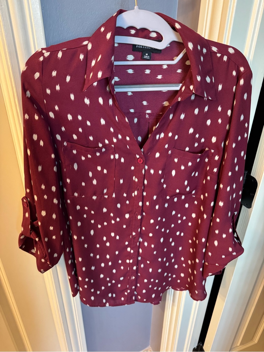 Fortune & Ivy Burgundy Dot Print Relaxed Button-Front Blouse